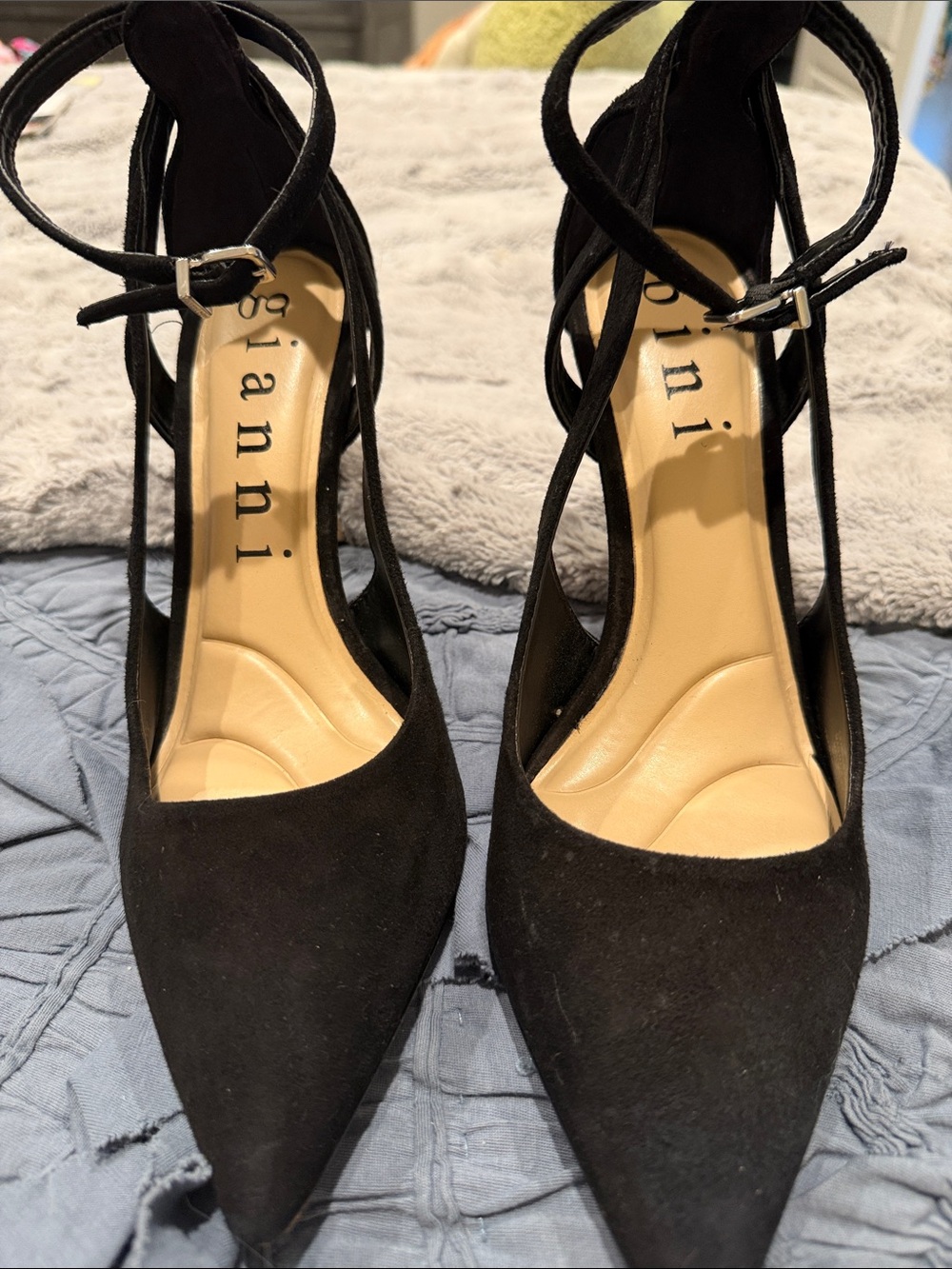 Ganni Black Pointed-Toe Suede Ankle-Strap Pumps